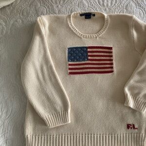 Ralph Lauren Vintage Ivory Cotton Crewneck Sweater with Flag Design made 1998